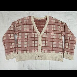 Lauren Conrad Woman's XL Fuzzy Cropped Plaid Pink Cardigan Long Sleeve EUC